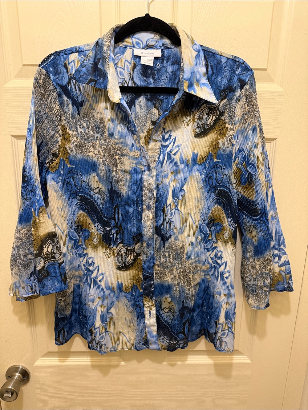 Dress Barn Blue, White and Gold Paisley Button-Down Blouse